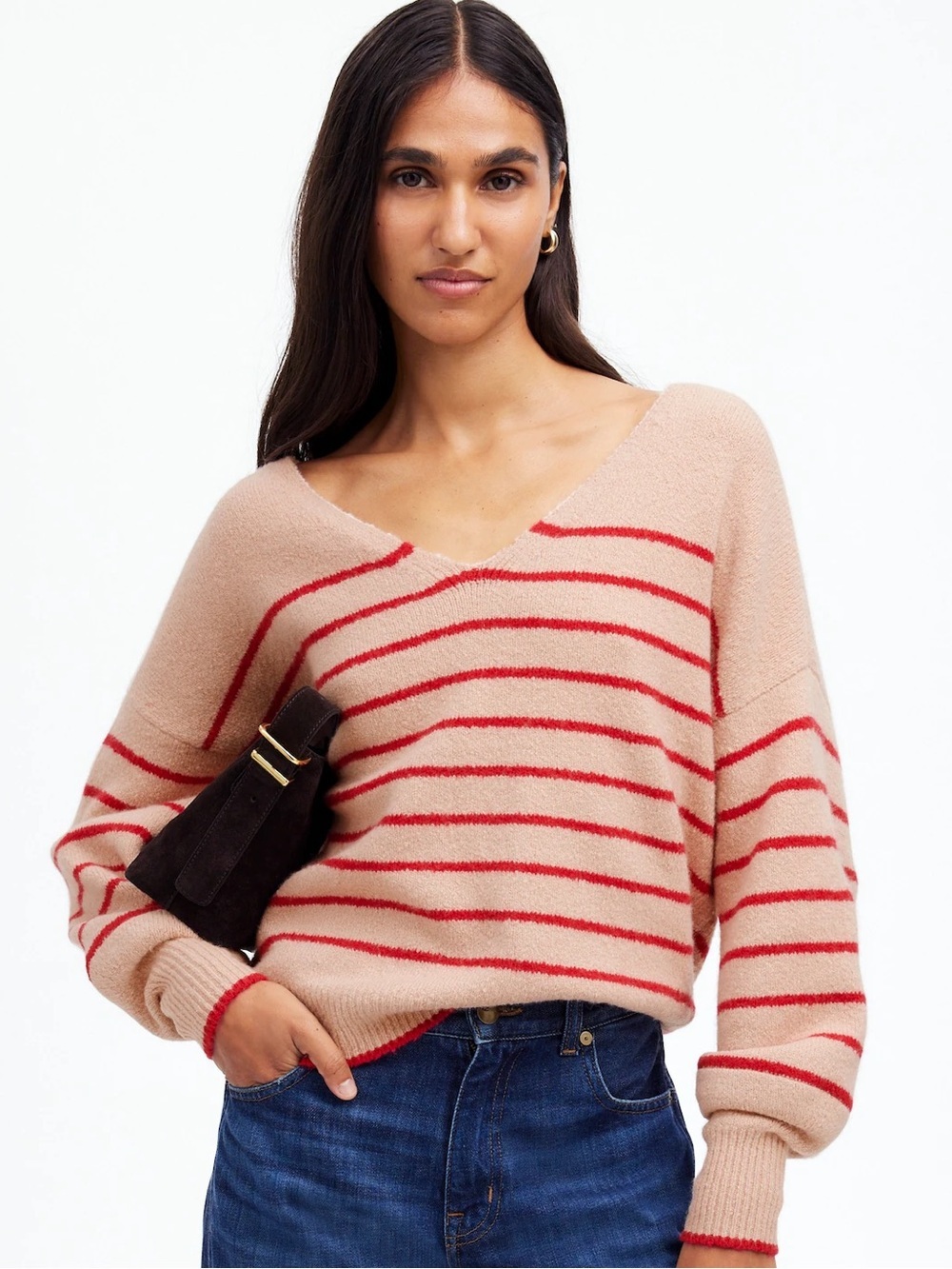 Madewell Stripe V Neck Sweater Blush Red Cotton Merino Medium